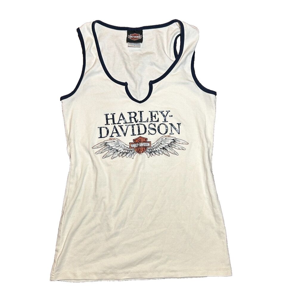 Harley-Davidson Women's Bloomington Notched V-Neck Tank Sleeveless White Size L